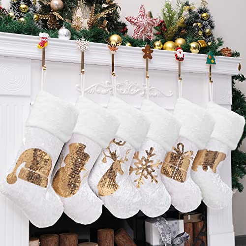 Gex Christmas Stockings 6 Pack For Family 20" Gold Sequins White Velvet With Soft Faux Fur Embroidery Classic Fireplace Tree Decorations Hanging Ornament For Xmas Season Decor (Set Of 6) #TOP5