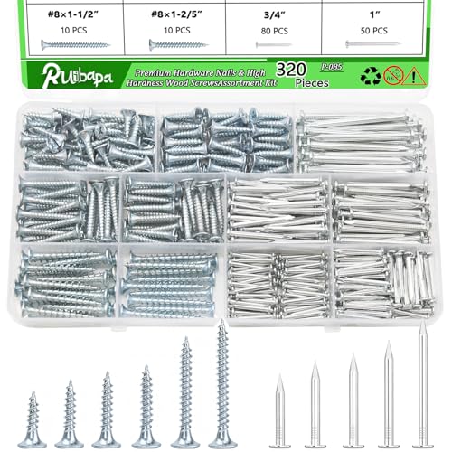 320Pcs Premium Hardware Nails & High Hardness Wood Screws Assortment Kit,11 Sizes (1/2"-2"),Phillips Drive Flat Head, Wood Screws,Galvanized,Picture Hanging,Wood,Common Nails with Storage Box