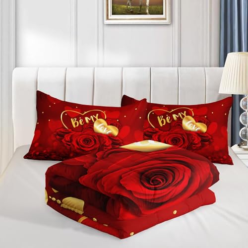 Image of QOOMO Red Rose Kids Bedding Set,Plant Print Comforter Set Full Size for Boys Girls Teen Room Decorat,Soft Lightweight Bed Set All Season,1 Comforter 2 Pillowcases