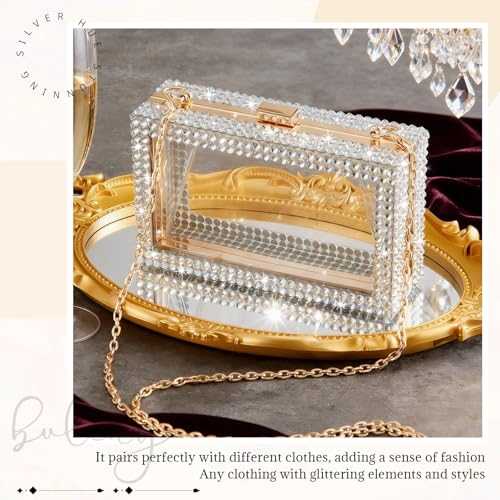 Image of Dansydaisy Clear Rhinestone Clutch Purse for Women, Acrylic | Evening Bag with Gold Chain Strap, Transparent Crossbody Handbag for Wedding, Prom, Party and Stadium Events
