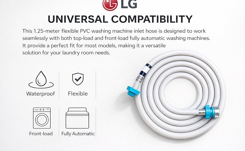 Image of LG 1.25 Meter Flexible Washing Machine Inlet Hose water pipe, with Tap adaptor Connector for Top & Front Load Fully Automatic Washing Machine (Part Code AAA77944201)