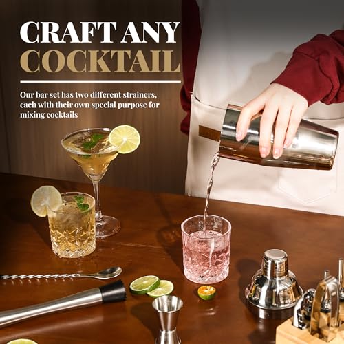 Image of Mixology Bartender Kit with Stand - 15 Piece Bar Tool Set, Silver Bar Set Cocktail Shaker Set for Drink Mixing - Includes Martini Shaker, Jigger, Strainer, Bar Mixer Spoon, Tongs | Gift Idea (Natural)