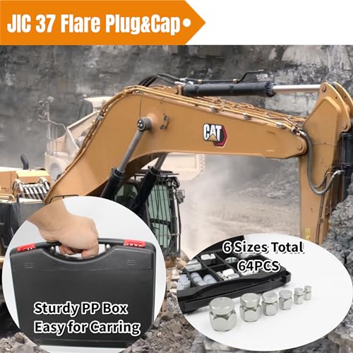 Image of 64 Pcs Hydraulic Hose Tube and Pipe Fitting Kit, 37 Flare JIC Cap and Plug Kit, Heavy Duty Seal Adapter Set w Precision Threading, Steel Flare Fitting Set, Dash Sizes -04-06 -08-10 -12-16