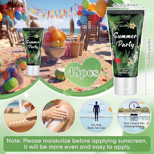 Image of 48 Pcs Mini Sunscreen Bulk for Summer Party Wedding SPF 30 Water Resistant Sunscreen Lotion Bulk 1oz Travel Size for Thank You Gifts Wedding Supplies (Tropical Luau)