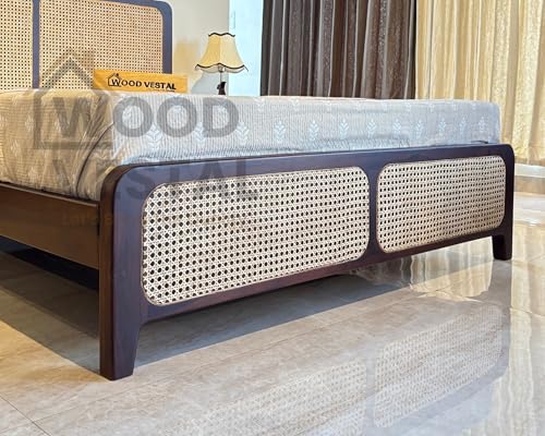 Image of Wood Vestal Sheesham Wood Bed with Cane Rattan Headboard & Footboard, Solid Wood in Walnut Finish, Modern Design | Queen Size - (78 inchx60 inch) | Without Mattress & Side Tables | Low Highted | CN - 5' - D