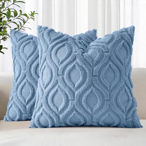 Image of decorUhome Fall Throw Pillow Covers 20x20 Inch Set of 2, Soft Plush Faux Wool Blue Solid Couch Pillow Covers, Accent Farmhouse Neutral Square Pillow Cases for Sofa Bed Living Room