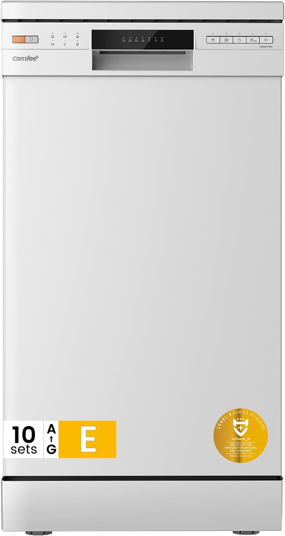 COMFEE' Freestanding Dishwasher CDWEF1034BW-UK 45cm Width, Slimline Dishwasher with 10 place settings, Quick Wash, Hygiene Wash, Delay Start, Half Load, Adjustable Basket - White