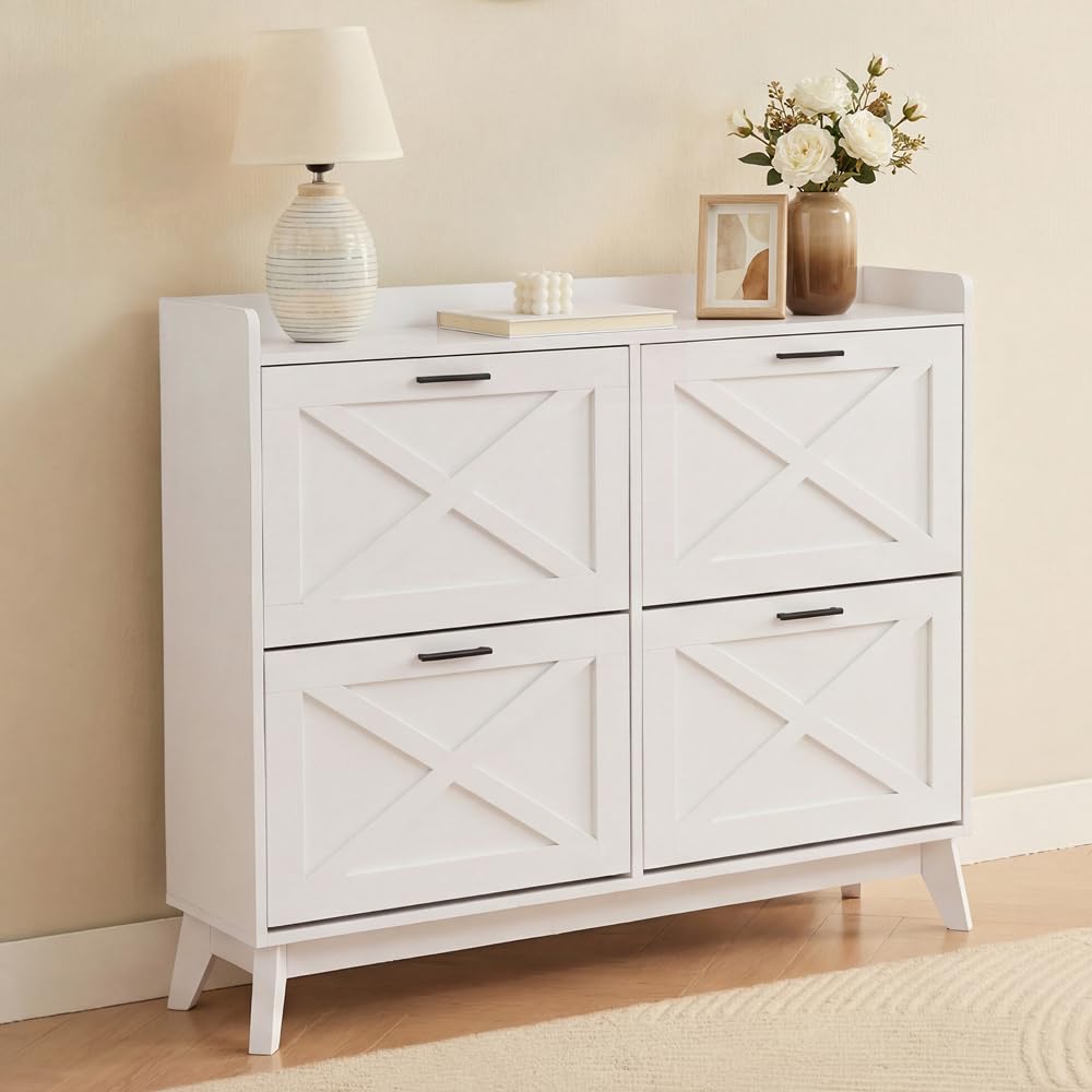 CASABEL Zapatero 4 Abatibles, Frentes con Motivo de Cruz, Blanco, Diseño Funcional, Gran Capacidad 24 Pares, Mueble de Almacenaje para Entrada, Pasillo o Salón, 114x24x96 cm