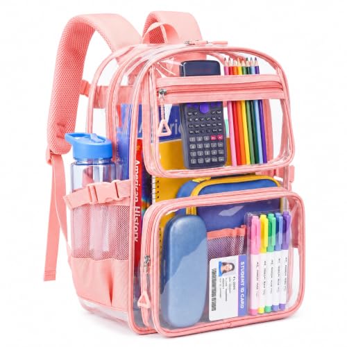 Lullawee Clear Backpack for School Heavy Duty PVC Transparent Bookbag with Laptop Compartment for Girl Boy Large Capacity See Through Clear Bag for Stadium Events College Security Travel Pink