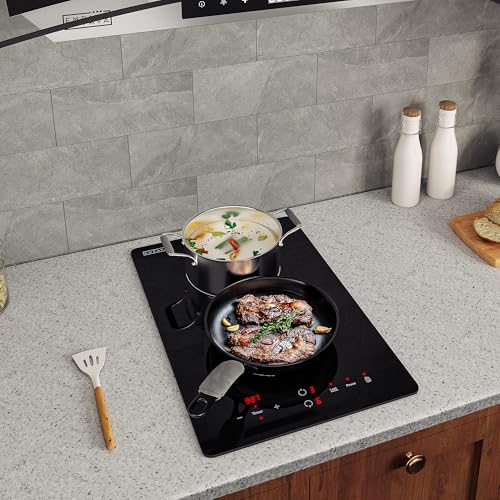 Image of Empava Electric Stove Induction Cooktop Vertical with 2 Burners Vitro Ceramic Smooth Surface Glass in Black 120V | cTUVus Certification, 9 Power Levels, 1-99 Min Timer, Pan Sensor, Safety lock, Pause, Easy-clean Glass, 1800W