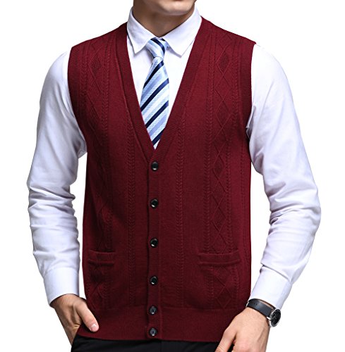 Fulier Mens Winter Wool V-Neck Gilet Sleeveless Vest Waistcoat Casual Gentleman Knitwear Cardigans Knitted Sweater Tank Tops Dress Buttons Design (M, Red) #TOP11