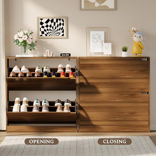 Image of BORNOON Shoe Cabinet with 2 Flip Drawers, Slim Narrow Shoe Storage Cabinet, Freestanding Shoe Organizer with Adjustable & Removable Shelves, Top Display Shelf for Entryway, Hallway, Foyer, Closet