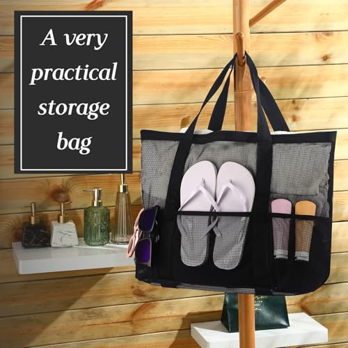 Image of Hillban Large Beach Mesh Bags Bulk for Women Beach Tote Bag with 8 Pocket Zipper Waterproof Sandproof for Pool Cruise Ship