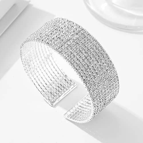 Ecesha B003 Sparkly Silver Simple 10 Rows Rhinestone Crystal Cluster Wide Arm Cuff Bracelet Wedding Jewelry thumb #5