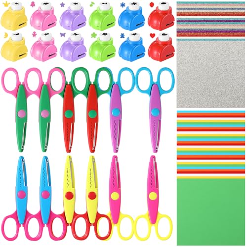 Watersay 74 Pcs Craft Scissors Decorative Edge Set with 12 Craft Pattern Scissors 12 Small Hole...