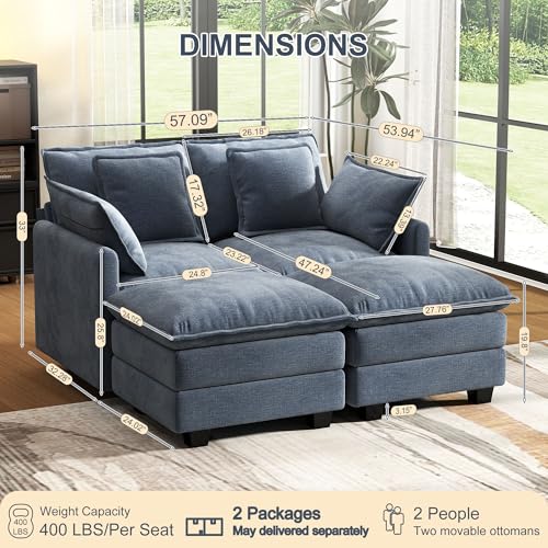 Image of 58 inch Cloud Couch Sectional Modular Sofa, Deep Seat Couches with Ottoman and Removable Washable Pillows for Living Room, Bedroom, Apartment, Blue