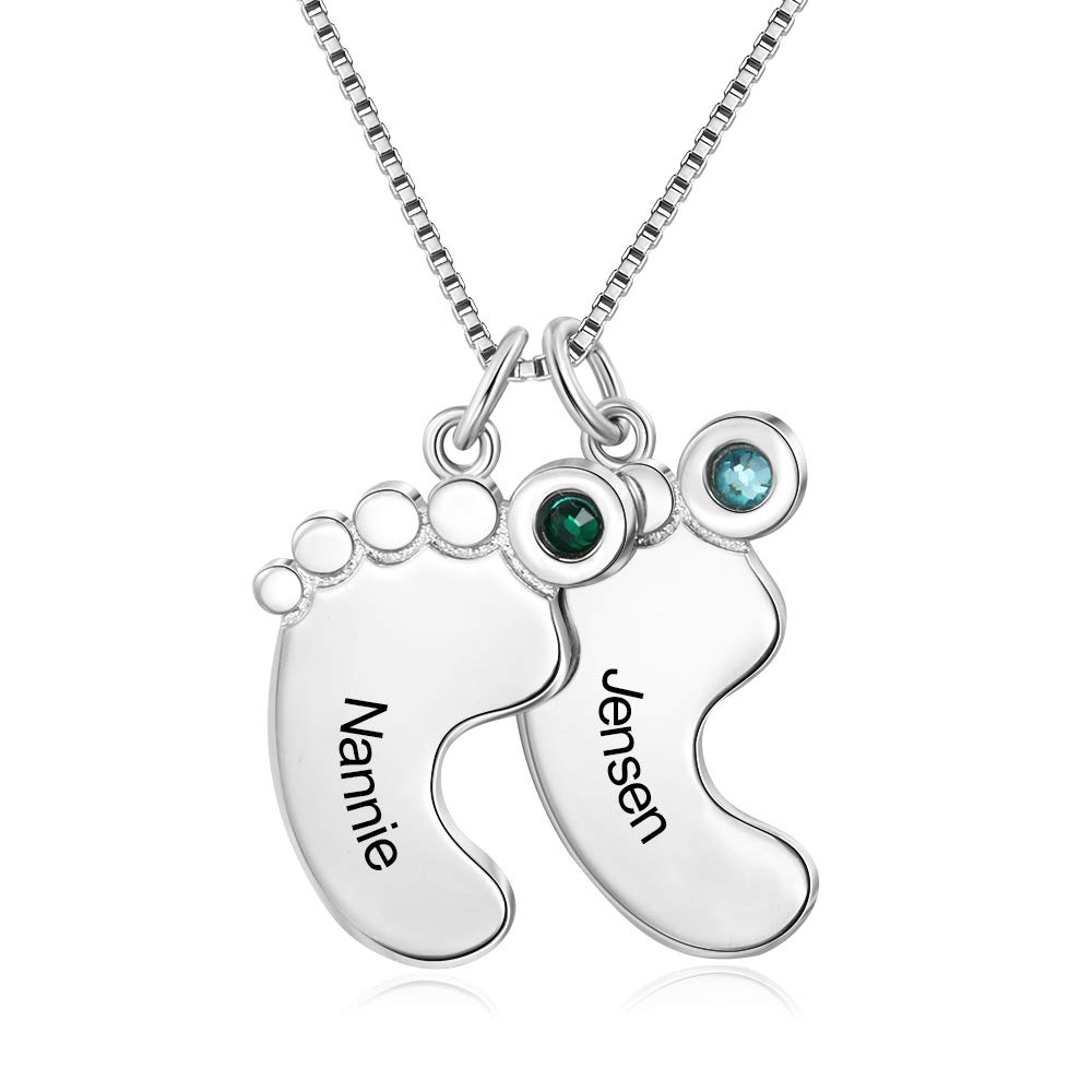 Personalised Necklace for Mother 1-4 Custom Baby Feet Pendant Necklace for Mom with Simulated Birthstone Free Engraving Baby Name or Date (2 name)