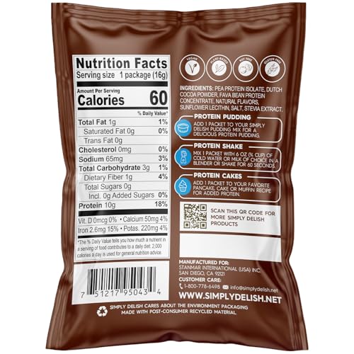 Simply Desserts Chocolate Protein Powder, Sugar-Free, 6-Pack – Plant-Based Protein Boost for Vegan Puddings, Baked Goods, Shakes & Snacks, Keto & Kosher, 0.49 Oz Ea