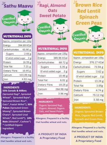 Image of TummyFriendly Foods Certified Organic Sprouted Ragi, Almonds, Oats, Sweet Potato Porridge Mix | Made of Sprouted Ragi Powder, Almond Cereal Organic Baby Food for 8 Month. Sprouted for Calcium, Iron | Maximum Nutrition From Real Food | Available in Trial Baby Packs too | Shelf-life 9 month | 200g (RagiSathuMavuRice3x200g)