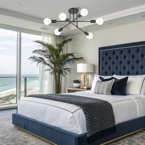 Chandelier Sputnik Ceiling Light, 6 Lights E27 Black Modern Chandelier, Semi-Flush Mount Ceiling Lamp Vintage Ceiling Lighting for Living Room, Bedroom, Dining Room, Kitchen(no shade no bulb) - Image 6