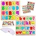 Wooden Alphabet Puzzle & Number Puzzle and Flash Cards Set - Includes Box, Lacing Beads and Threads