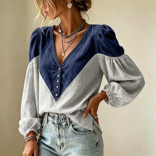Floral Shirts for Women Button Denim Patchwork V Neck Long Puff Sleeve Top - image 3