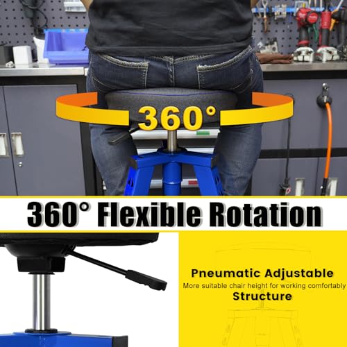 Image of Adjustable Tall Shop Stool, Mechanics Garage Stool Chair, Work Metal Chair for Workshop, Adjustable Height, 360 Swivel Padded Seat, Tool Tray Storage, 350 LBS Capacity, Heavy Duty, Blue