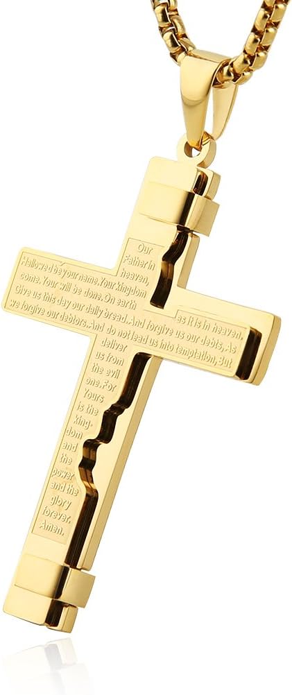HZMAN Religion Cross Lord's Prayer Stainless Steel Pendant Necklace Rolo Cable Wheat Chain