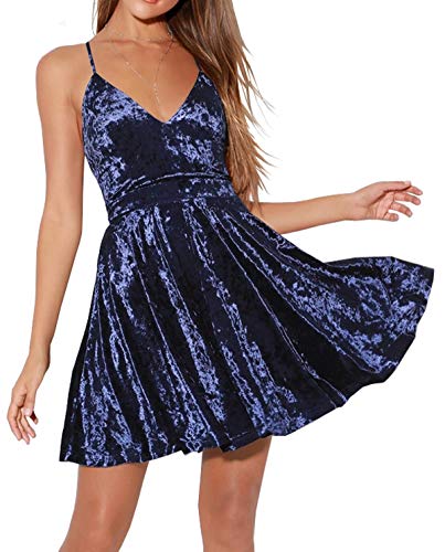 R.Vivimos Outono inverno mulher alças esparguete decote em V veludo vestido sem mangas uma linha A Swing Mini Skater vestido, azul escuro, XXL