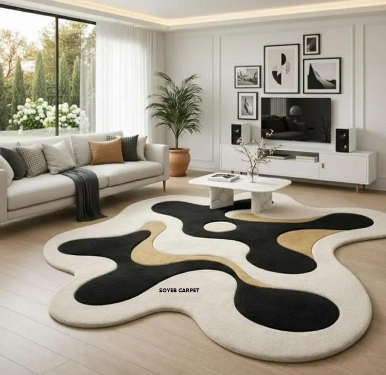 Image of Irregualr Shape Hand Tufted Carpet Pure Soft Wool Non Slip & Durable Easy to Clean Floor Area Rug Modern Design Carpet for Living Room 5X8 Feet (150x240 cm)