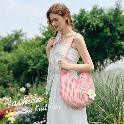 Image of Premillow Crochet Beach Bags for Women, Summer Beach Tote Bag, Mesh Cute Beach Purse, Aesthetic Knit Bag Handbag Shoulder Bag