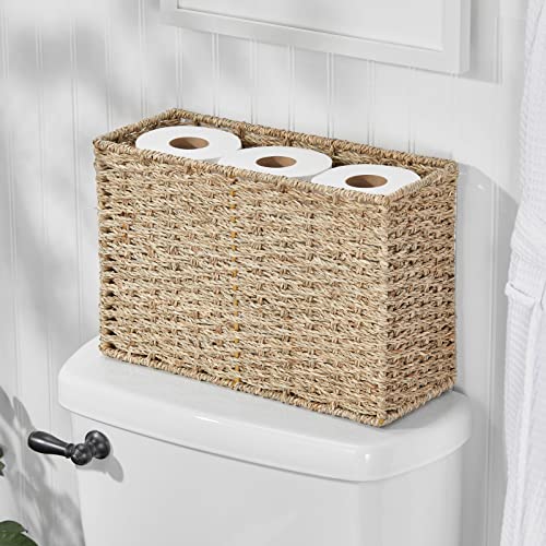 Mdesign Rustic Farmhouse Woven Seagrass Toilet Paper Holder Basket - Large Storage Organizer Tank Topper For Bathroom Counter Or Top Of Toilet - Holds 6 Rolls Of Toilet Paper - Natural/Tan #TOP1