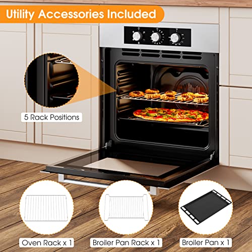 Costway 24" Single Wall Oven, Electric Built-In Wall Oven With 2.47 Cu. Ft. Capacity, 5 Cooking Functions, 360° Rotisserie And Timer, 2300W Built-In Oven In Stainless Steel With Mechanical Knobs #TOP6