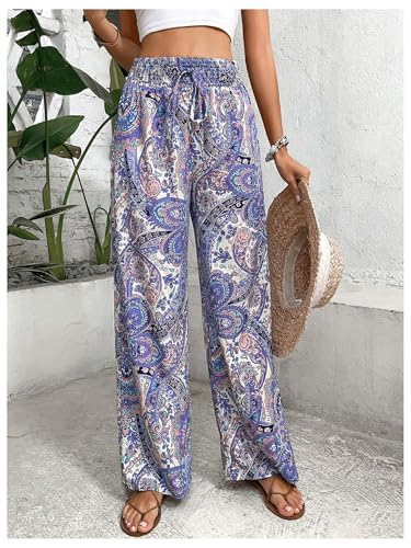 SOLY HUX Women's Boho Pants High Waisted Wide Leg Print Pants Casual Summer Palazzo Beach Trousers3