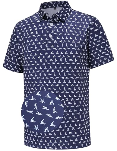 Mens Golf Polo Shirts Short Sleeve Performance Moisture Wicking Dry Fit Casual Print Funny Golf Polo Shirts for Men Navy