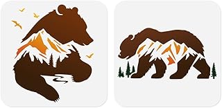 2 Pack Forest Mountain Bear Craft Stencils for Drawing 11.8 x 11.8 Inch Reusable Plastic Mountain Bear Animal Stencils for Painting on Wood Wall Fabric, DIY Home Decor Stencil