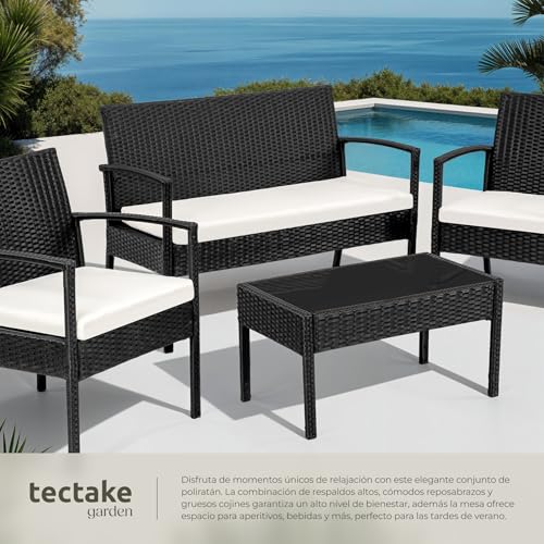 tectake® Conjunto Jardín Exterior de Ratán y Aluminio, Muebles Jardín Exterior Resistentes a Rayos UV, 2 Sillones, 1 Sofá, 1 Mesa Cristal, con Cojines de 5,5 cm y 1 Juego de Fundas - Negro - imagen 4