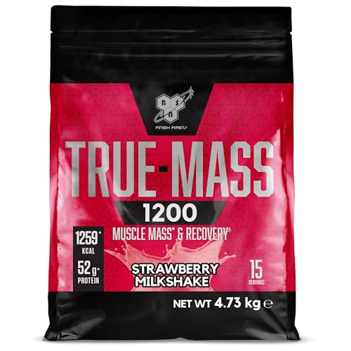 BSN True Mass 1200, Mass Gainer Proteinpulver mit Molkenisolat und Kohlenhydraten, Gewichts- und Muskelaufbau und Erholung nach dem Training, Erdbeer-Milchshake, 15 Portionen, 4,8 kg
