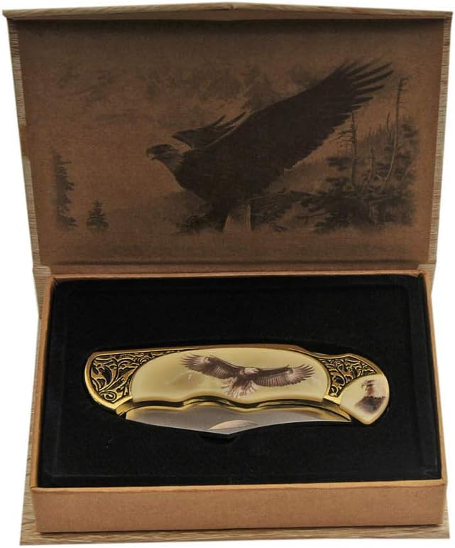SZCO Eagle Folding Knife 4.75 Inch - Yellow Pocket Knife Eagle Design Handle with Brass Finish Bolsters & Stainless Steel Blade - EDC knife for Cosplay, LARP, Gifts, & Display