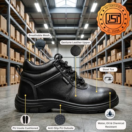 Image of Contablue Rival Safety Boots for Men | Genuine Leather, Steel Toe | ISI Certified IS:15298 | Chemical & Oil Resistant, Anti-Skid | Heavy Duty Work Boots for Construction, Mining & Industrial Use