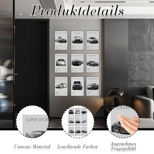 9 Stück Super Auto Poster, Supercar Posters, Schwarz Weiß Supersportwagen Wandbilder für Jungen und Männer, Rennwagen Leinwandbilder für Wohnzimmer, Wohnzimmer, Geschenk für Autoliebhaber, Jugendliche