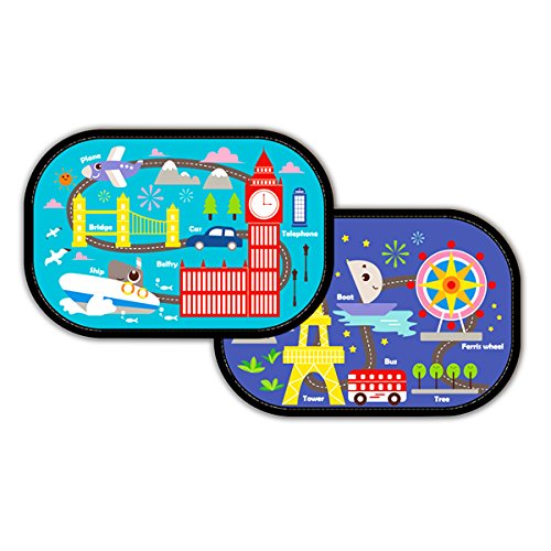 SONARIN 2 Pack Auto Zonnescherm Premium Kwaliteit Mesh Materiaal Blokken Schadelijke UV Stralen en Zonneglans Hitte Zonbescherming voor Kinderen, Huisdieren (Wereld)