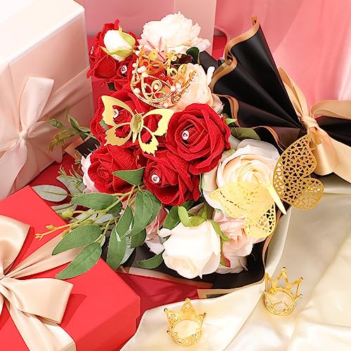 Hinly 218 Pcs Flower Wrapping Paper Bouquet Kit with 12 Bouquet Wrap Paper 6 Gold Crowns 200 Pins Florist Supplies for Women Wedding Graduation Birthday DIY(Classic)