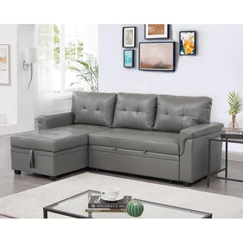 Naomi Home Diora Sectional Sleeper Sofa - Elegant L-Shaped Couch Convertible Pull-Out Bed, Ample Storage, Timeless Design, Sturdy Construction, Long-Lasting For Modern Living, Air Leather, Gray #TOP13