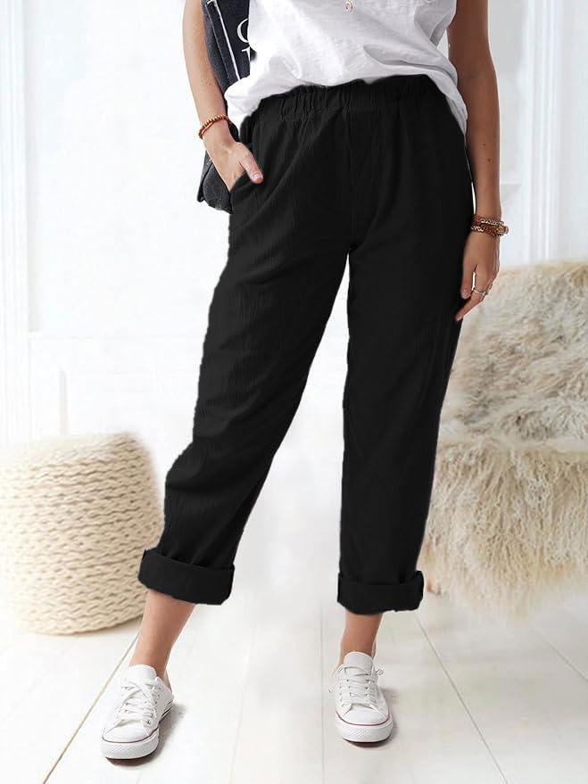 Women's Straight Pants Elastic Waist Casual Trousers Pants with Pockets Black2