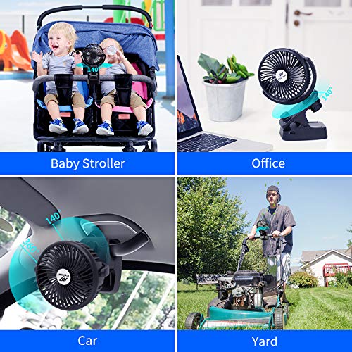 Battery Operated Clip on Stroller Fan – Portable Rechargeable Fan with Cooling & Refreshing Natural Wind, 5200mAh Battery, 140° Auto Oscillation for Baby Stroller, Beds, Desk, Camping, and Travelling