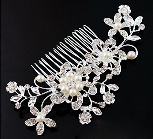 1PCS Flower Pearl Rhinestones Hair Decoration Comb-Bride Hairdress Hair Clips Headwear Hairstyling Tools(Silver)