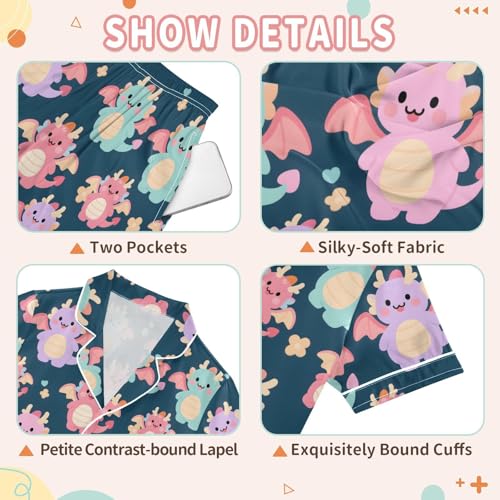 Cute Dinosaur Heart Flower Summer Pajamas Set Soft Satin Pjs Sets 2 Piece Short Sleeve Sleepwear Casual Clothes3