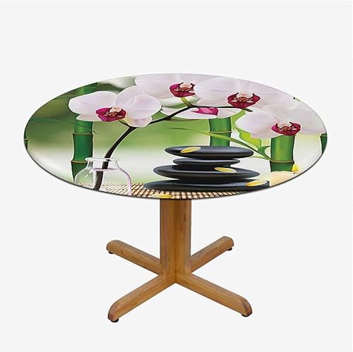 Miniatura 3 de Mantel ajustable de poliéster con bordes elásticos color verde pálido y fucsia, diseño de orquídeas y piedras en mantel de jardín, fundas redondas