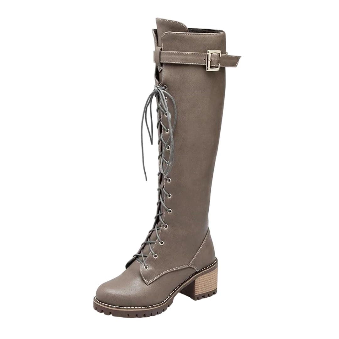 Womens Lace-Up Knee-High Boots Fashion Square Heel Belt Buckle Winter Cycling Boots Gray 10